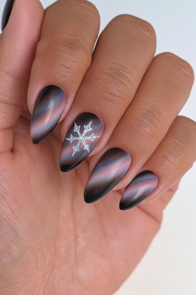 Dark Brown Snowflake Rhinestone Nail Dark Brown Snowflake Rhinestone Nail — Winter Cat Eye Nails