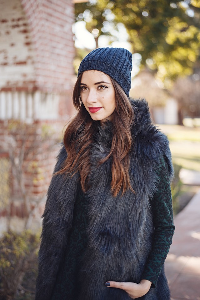 Navy Beanie with Faux Fur Vest — Beanie Outfits