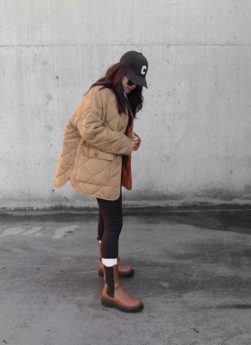 Edgy Casual: Brown Lug Sole Boots with Quilted Jacket and Leggings — Brown Boots Outfits