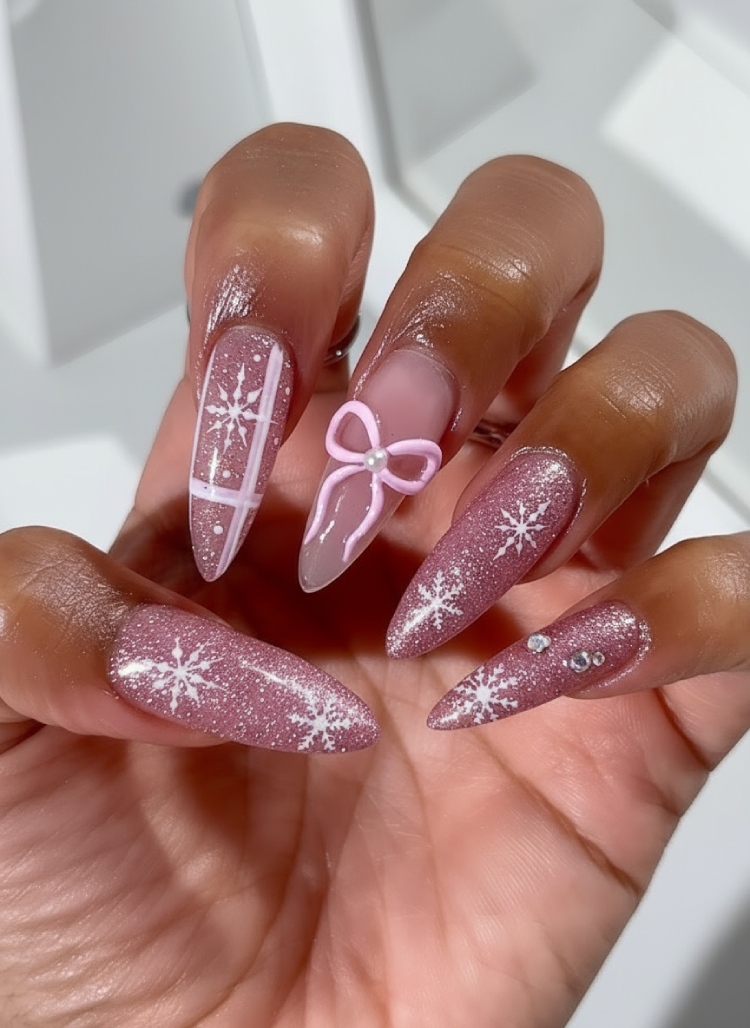 Long Almond Dusty Rose with 3D Bow and Snowflakes Long Almond Dusty Rose with 3D Bow and Snowflakes — Winter Pink Nails