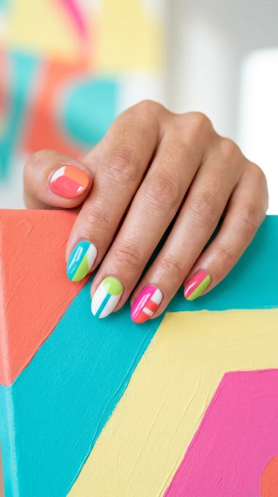 Medium Almond Geometric Color Block Nails Medium Almond Geometric Color Block Nails — Trendy Simple Nail Designs