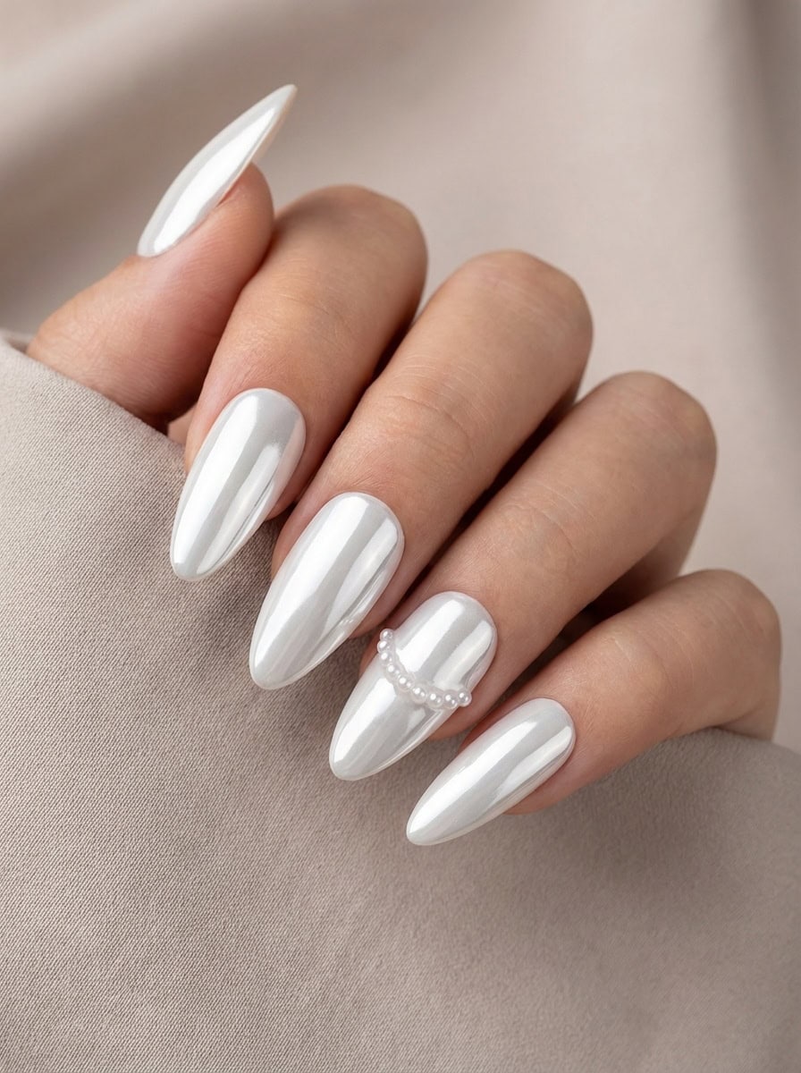 Pearlescent White Chrome with Pearls — Chrome Nail Designs