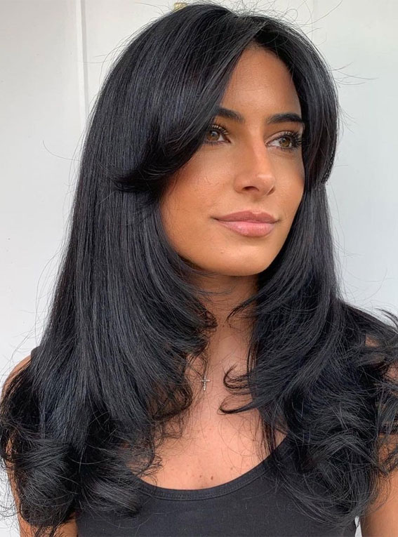 Long Layered Dark Hair with Voluminous Bangs Long Layered Dark Hair with Voluminous Bangs — Trendy Haircuts for Women