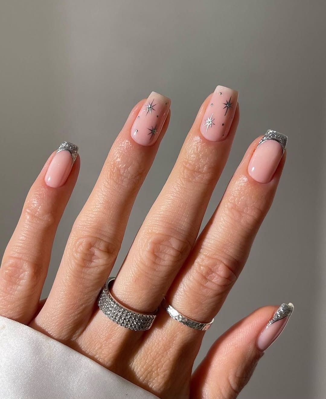 Pink With Silver Glitter Star French Tips Pink With Silver Glitter Star French Tips — Winter Square Nails