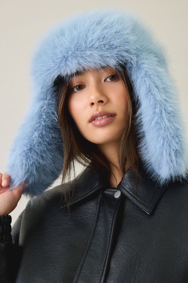Light Blue Faux Fur Trapper Hat with Leather Jacket — Fur Hat Outfits