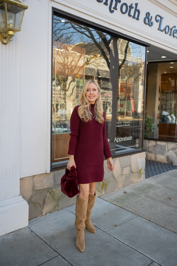 Burgundy Knit Dress with Tan Suede Boots for an Elegant Winter Evening Burgundy Knit Dress with Tan Suede Boots for an Elegant Winter Evening — December Outfits