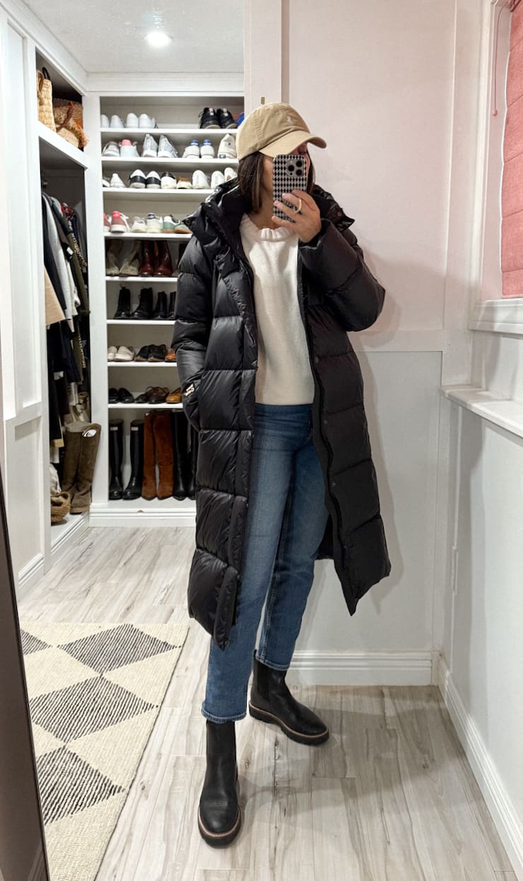 Longline Puffer: Black Coat over White Sweater and Jeans — Comfy Winter Outfits