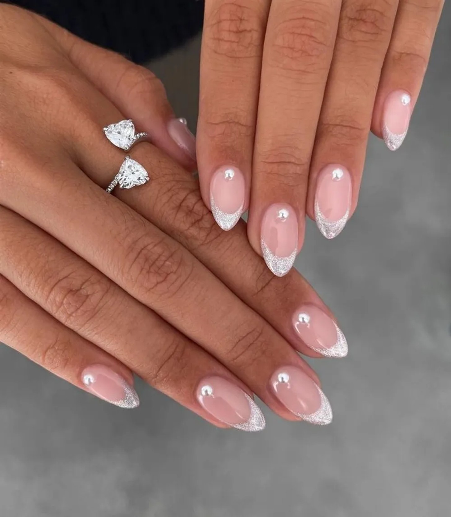 Glitter French Tip Pearl Accent Almond Nails — Winter Wedding Nails
