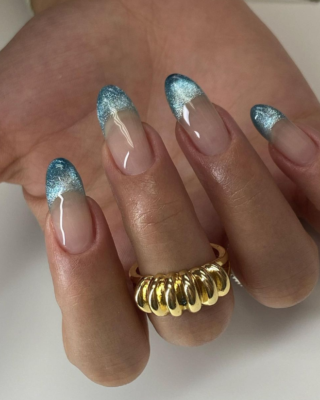 Glitter French Tip Oval Nails Glitter French Tip Oval Nails — Icy Blue Nails