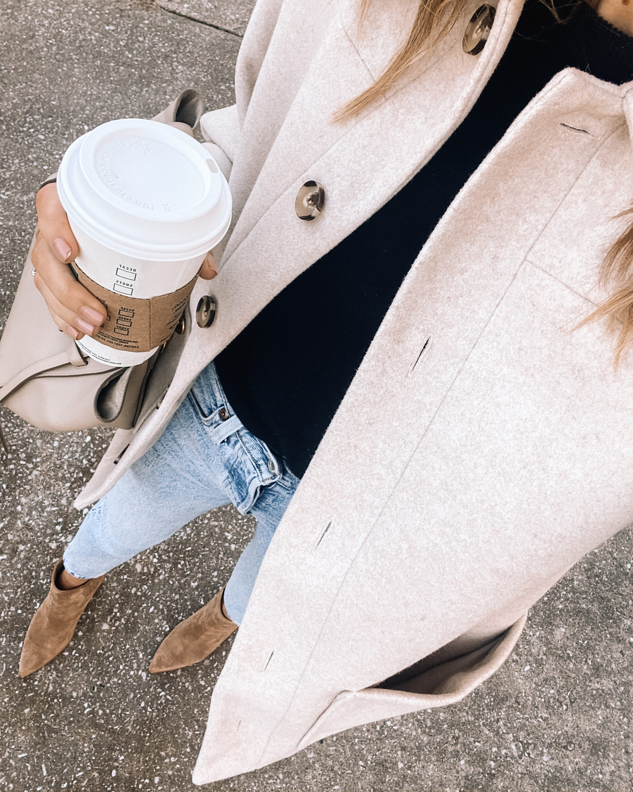 Wool Coat and Jeans with Tan Suede Pointed Boots Wool Coat and Jeans with Tan Suede Pointed Boots — Ankle Boots Outfits