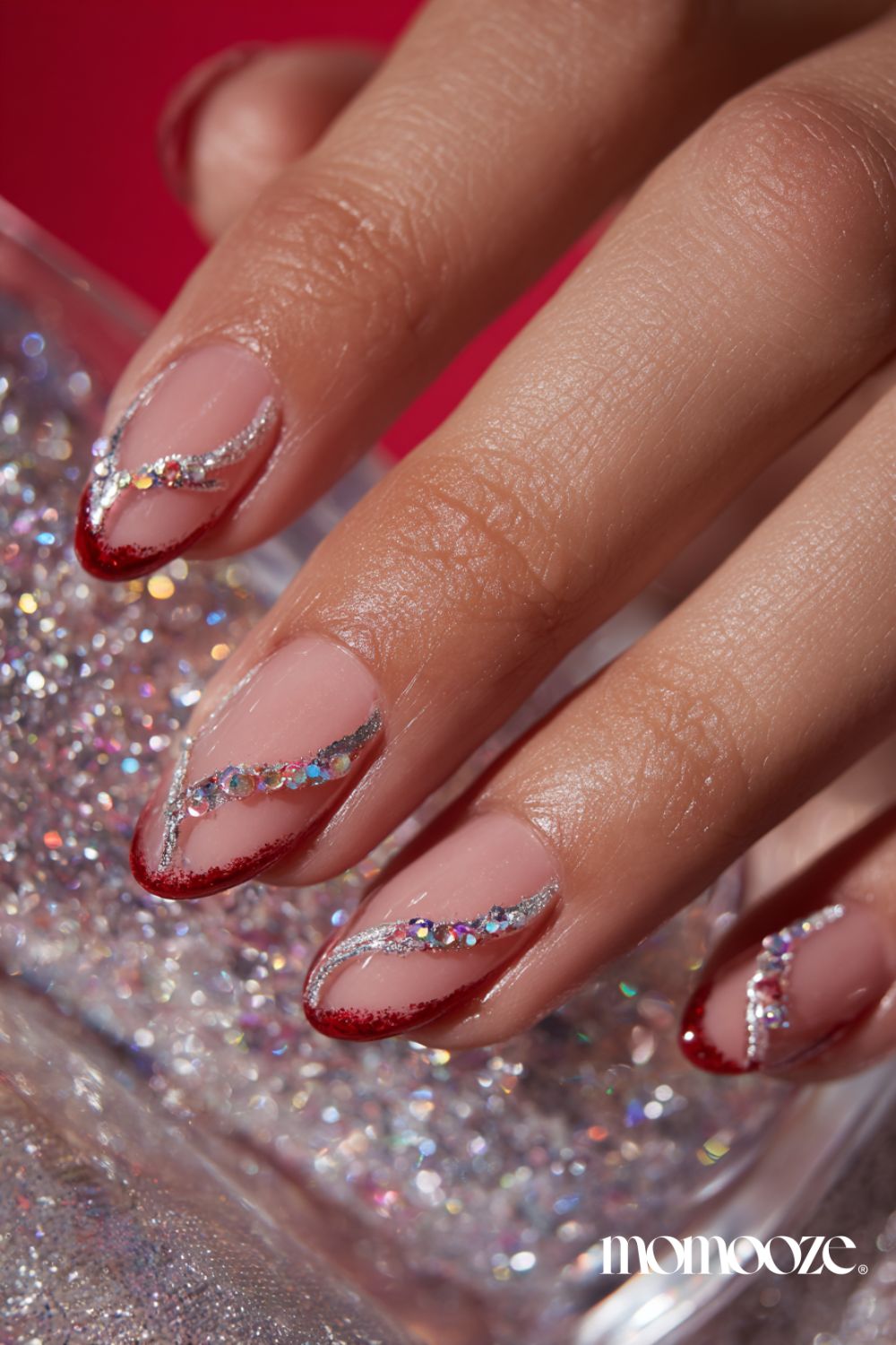 Sheer Nude Base Red Tips Silver Accents Visual Idea — Winter French Tip Nails