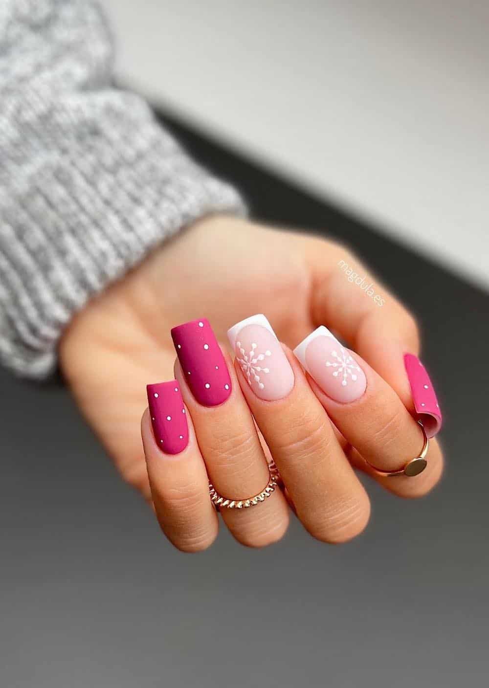 Matte Pink With White Polka Dots and Snowflakes Matte Pink With White Polka Dots and Snowflakes — Winter Square Nails