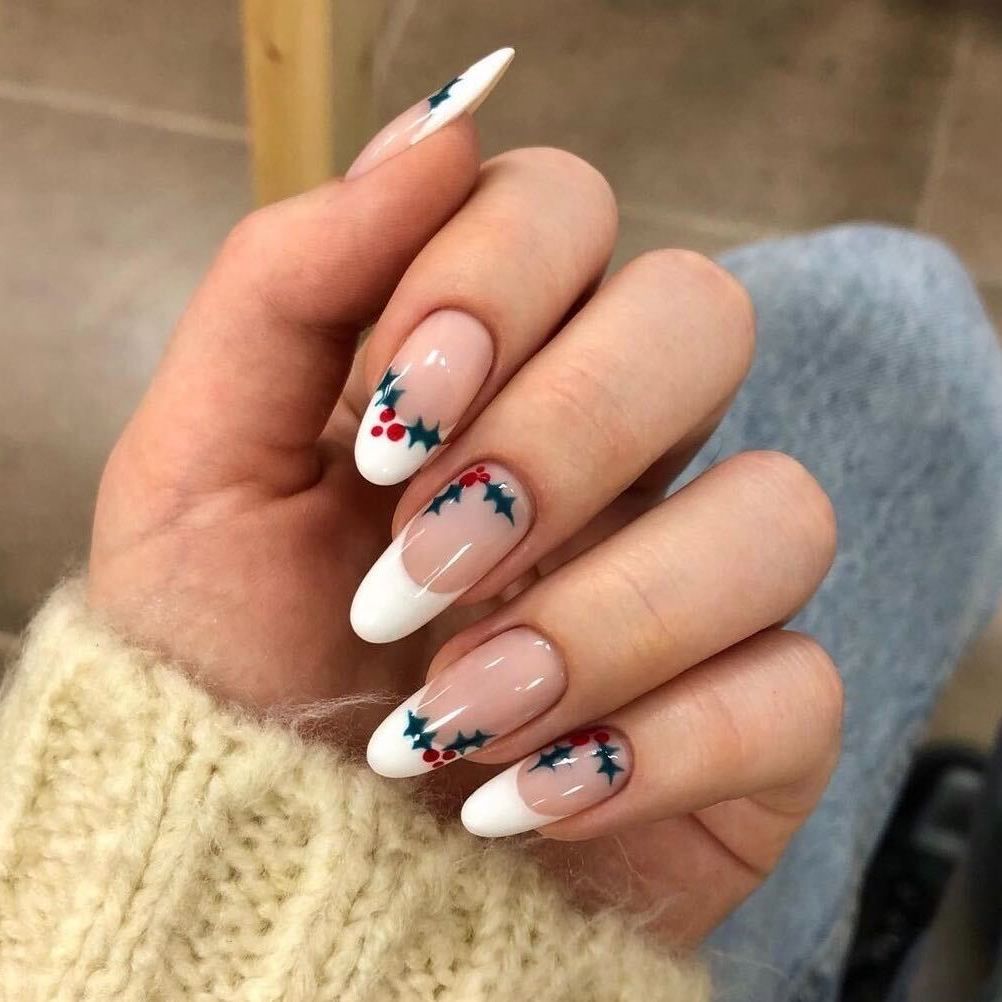 Nude French Tips with Holly Berry Art Nude French Tips with Holly Berry Art — Winter Nail Colors for Women Over 40