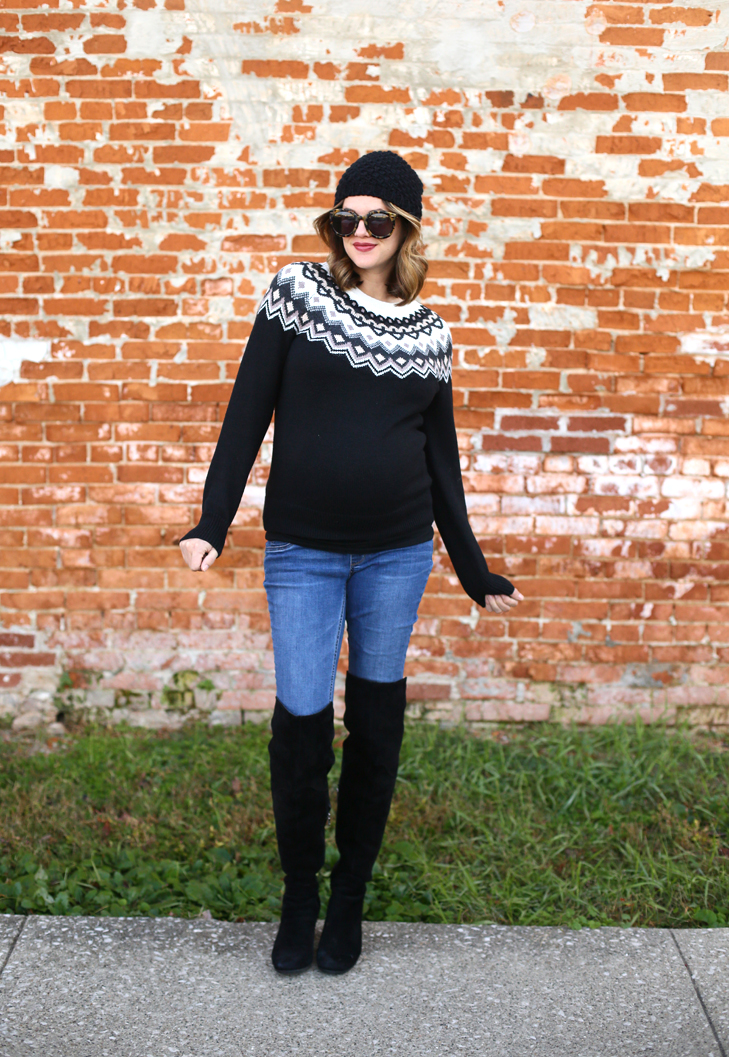 Black Fair Isle Sweater with Skinny Jeans and Over-the-Knee Boots Black Fair Isle Sweater with Skinny Jeans and Over-the-Knee Boots — Fair Isle Sweater Outfits