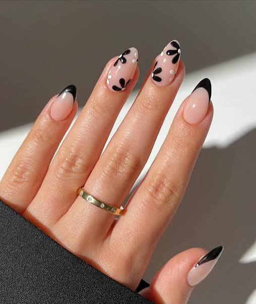 Black French with Floral Art Black French with Floral Art — French Nail Designs