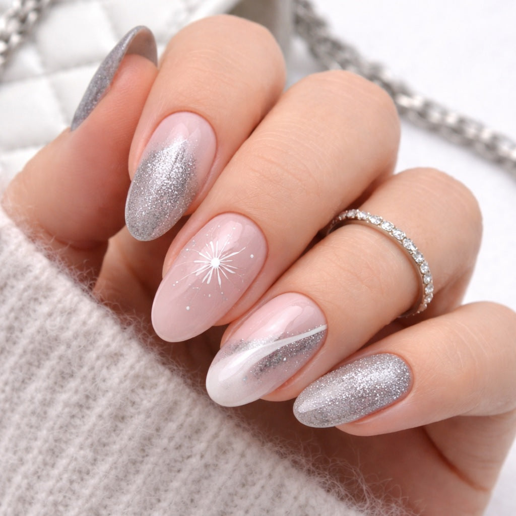 Pale Pink Silver Snowflake Glitter Almond Nails Pale Pink Silver Snowflake Glitter Almond Nails — Winter Gray Nails