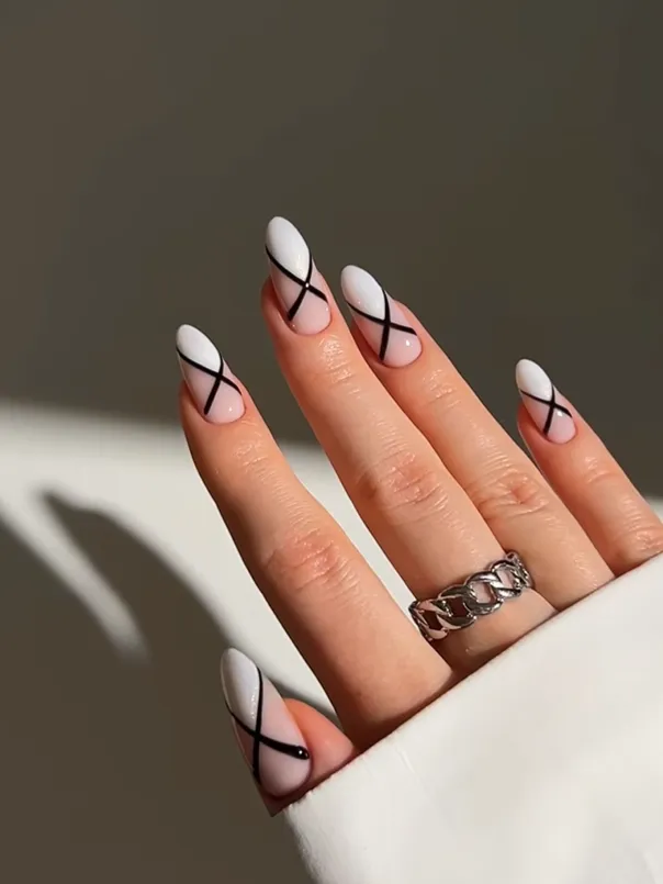 Sheer Pink Black Line Geometric French Almond Nails Sheer Pink Black Line Geometric French Almond Nails — Almond Nail Designs