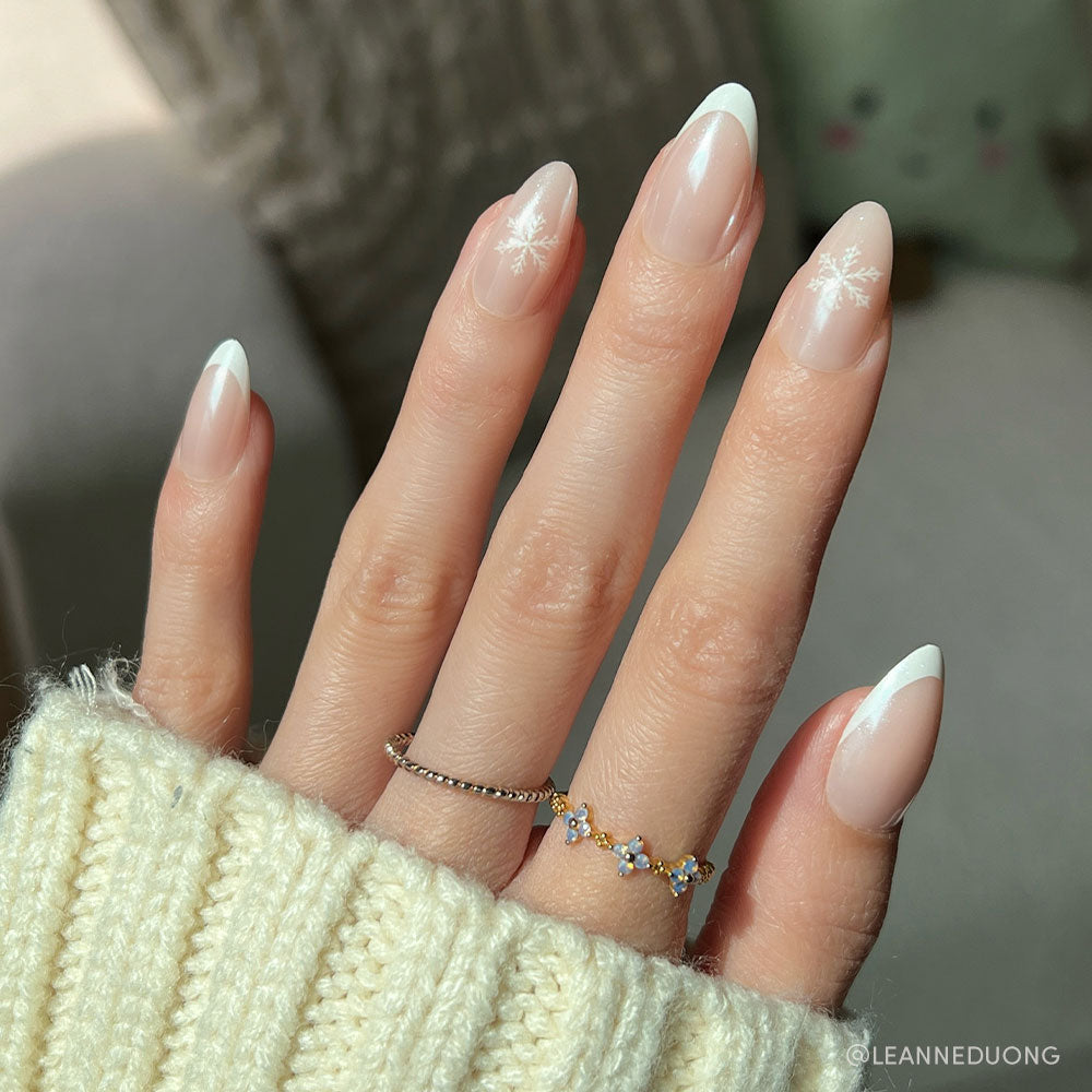 Sheer Nude White French Snowflake Accent Nails — Winter Acrylic Nails