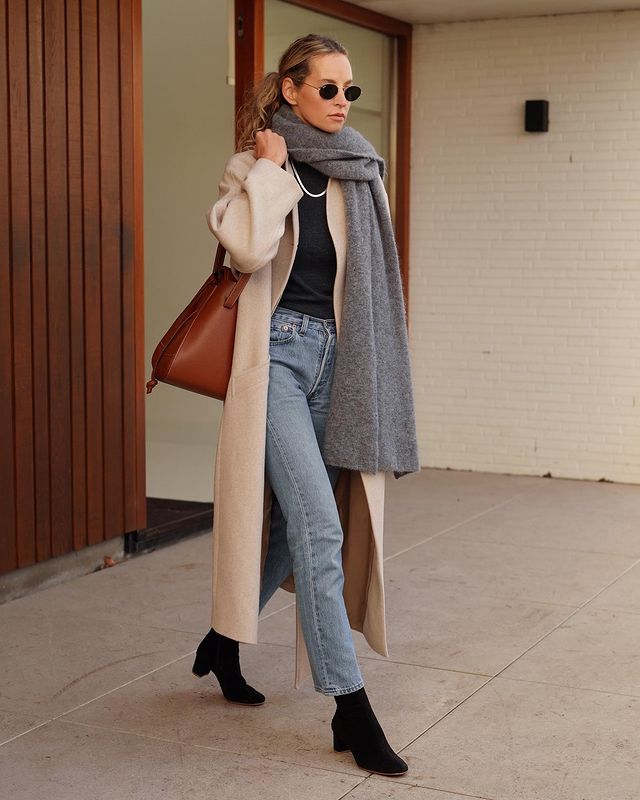 Long Grey Scarf Adds Sophistication to Everyday Coat Outfit — Scarf Outfits