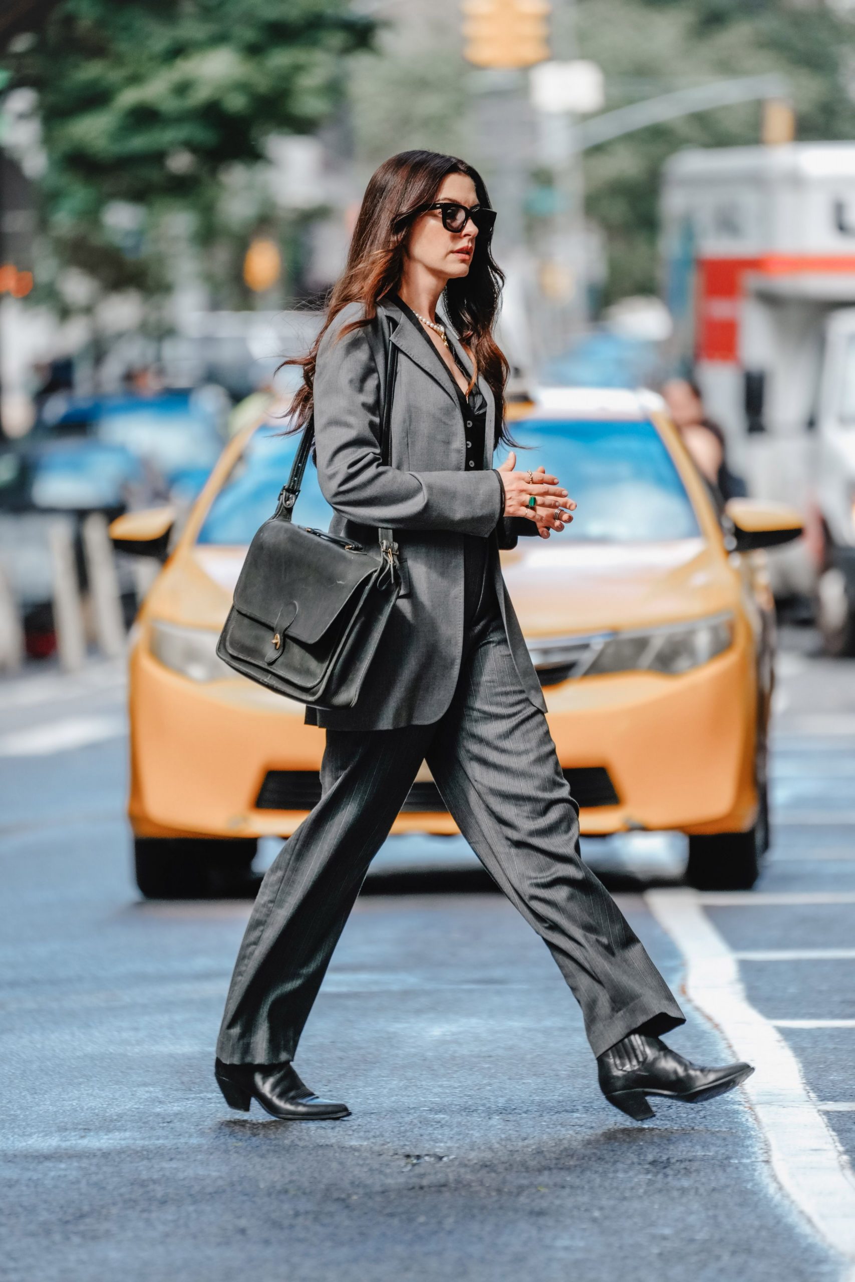 Pinstripe Suit with Lace Camisole and Pointed Boots Pinstripe Suit with Lace Camisole and Pointed Boots — Ankle Boots Outfits