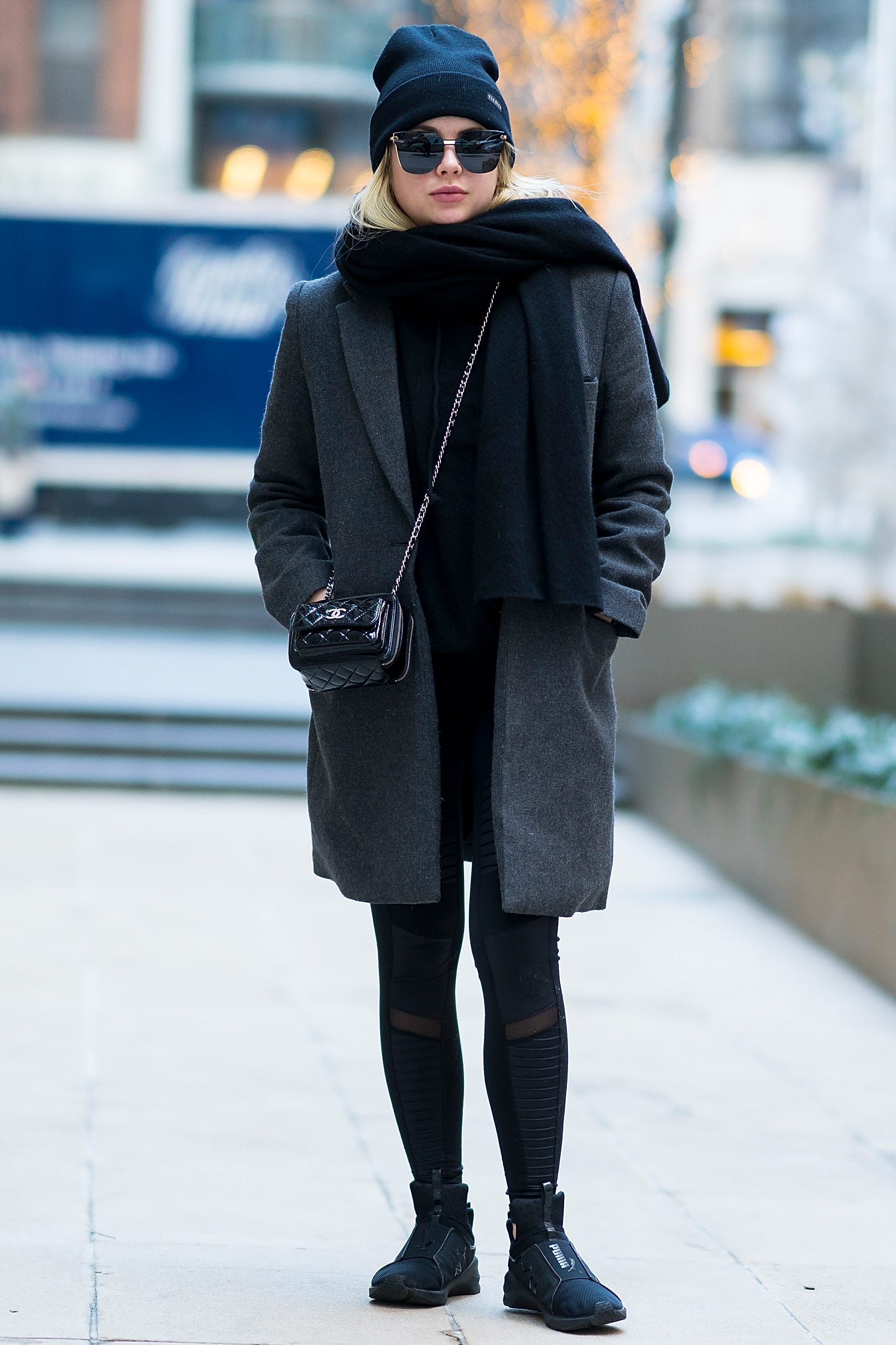Monochromatic Black Beanie Outfit with Grey Wool Coat — Beanie Outfits