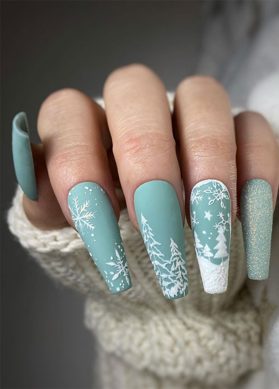 Long Matte Teal Winter Forest Scene Coffin Nails Long Matte Teal Winter Forest Scene Coffin Nails — Winter Coffin Nails