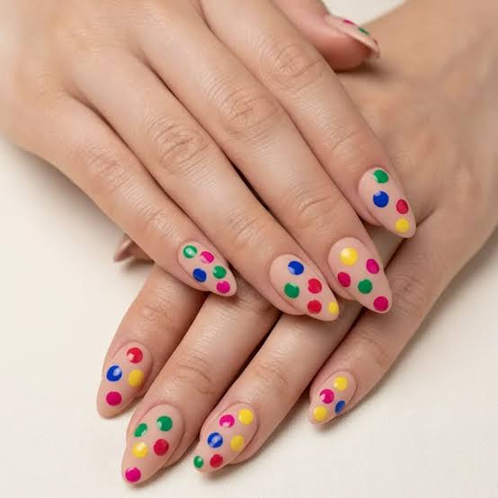 Medium Stiletto Multicolored Dots — Easy Nail Designs