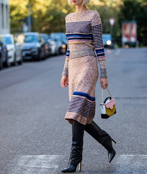 Black Pointed-Toe Over-the-Knee Boots with Multicolor Striped Knit Set Black Pointed-Toe Over-the-Knee Boots with Multicolor Striped Knit Set — Over the Knee Boots Outfits