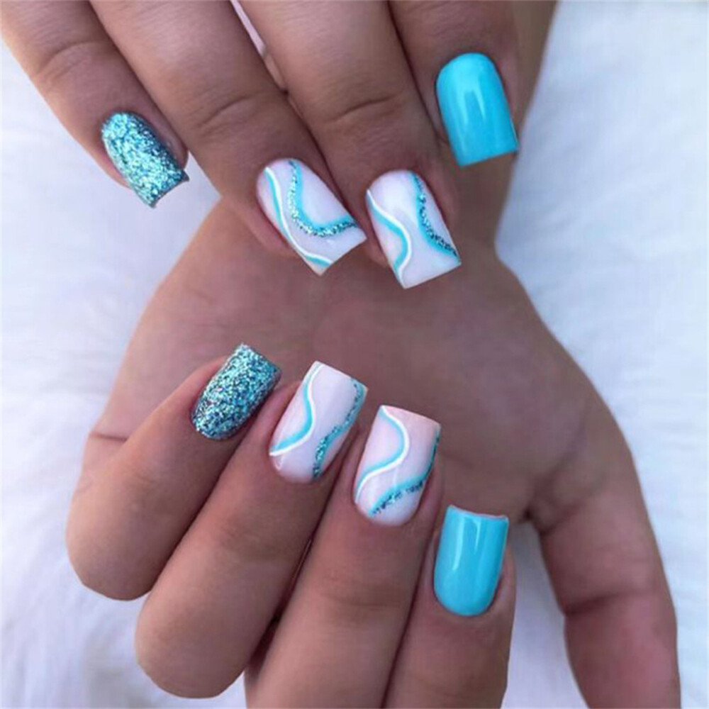Bright Blue White Glitter Swirl Nails Bright Blue White Glitter Swirl Nails — Winter Square Nails