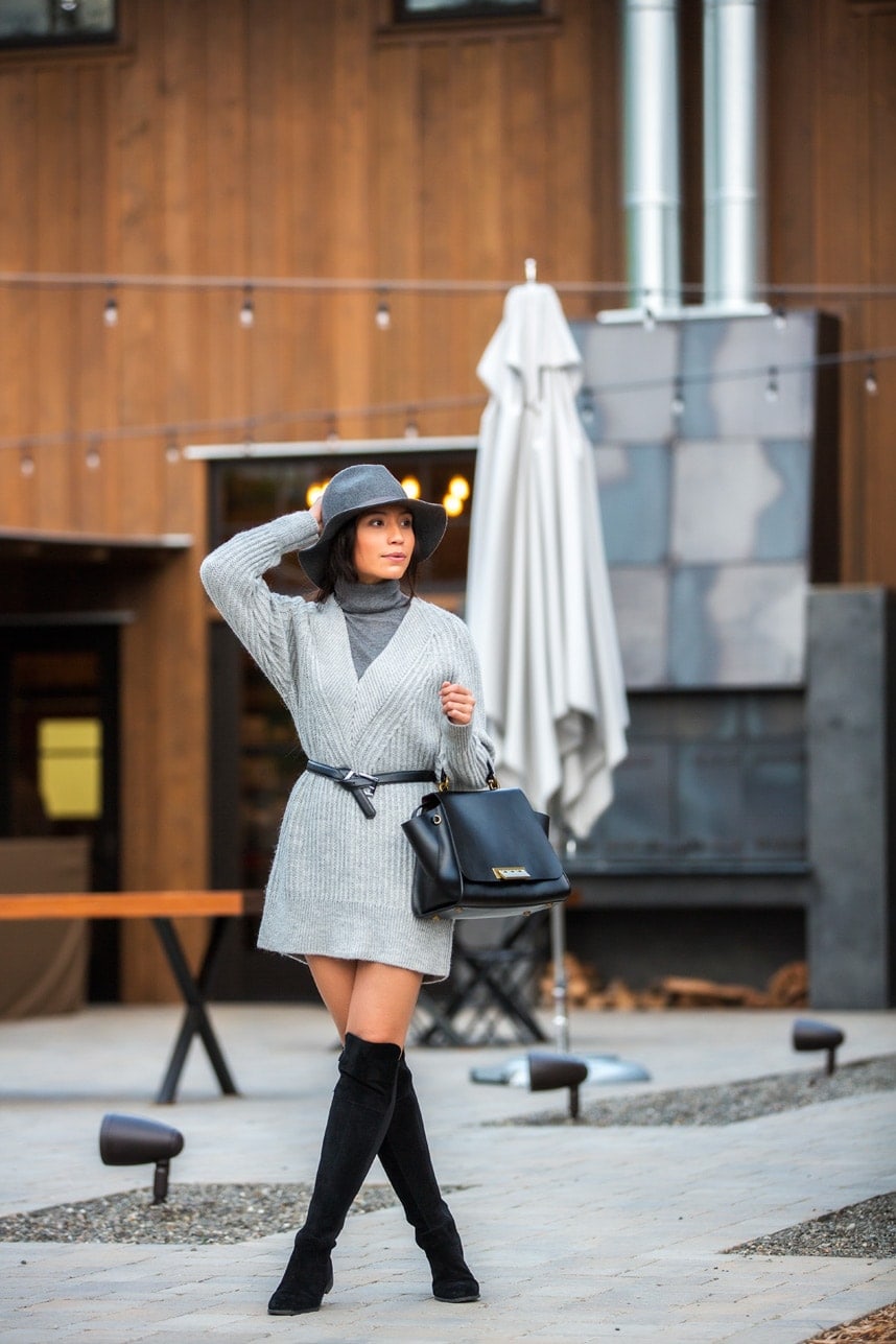 Grey V-Neck Sweater Dress Layered Over Turtleneck Grey V-Neck Sweater Dress Layered Over Turtleneck — Sweater Dress Outfits