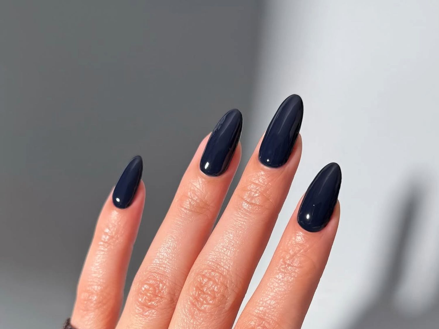 Deep Dark Navy Blue Glossy Almonds Deep Dark Navy Blue Glossy Almonds — Winter Nail Colors