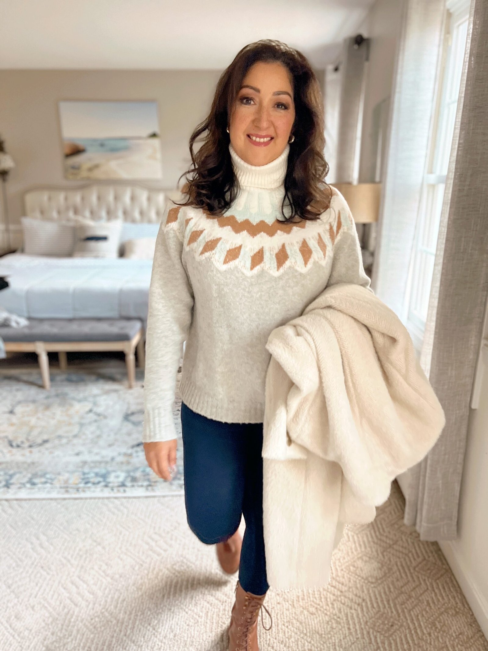 Fair Isle Turtleneck Sweater with Leggings and Shawl for Cooler Weather Fair Isle Turtleneck Sweater with Leggings and Shawl for Cooler Weather — Fair Isle Sweater Outfits