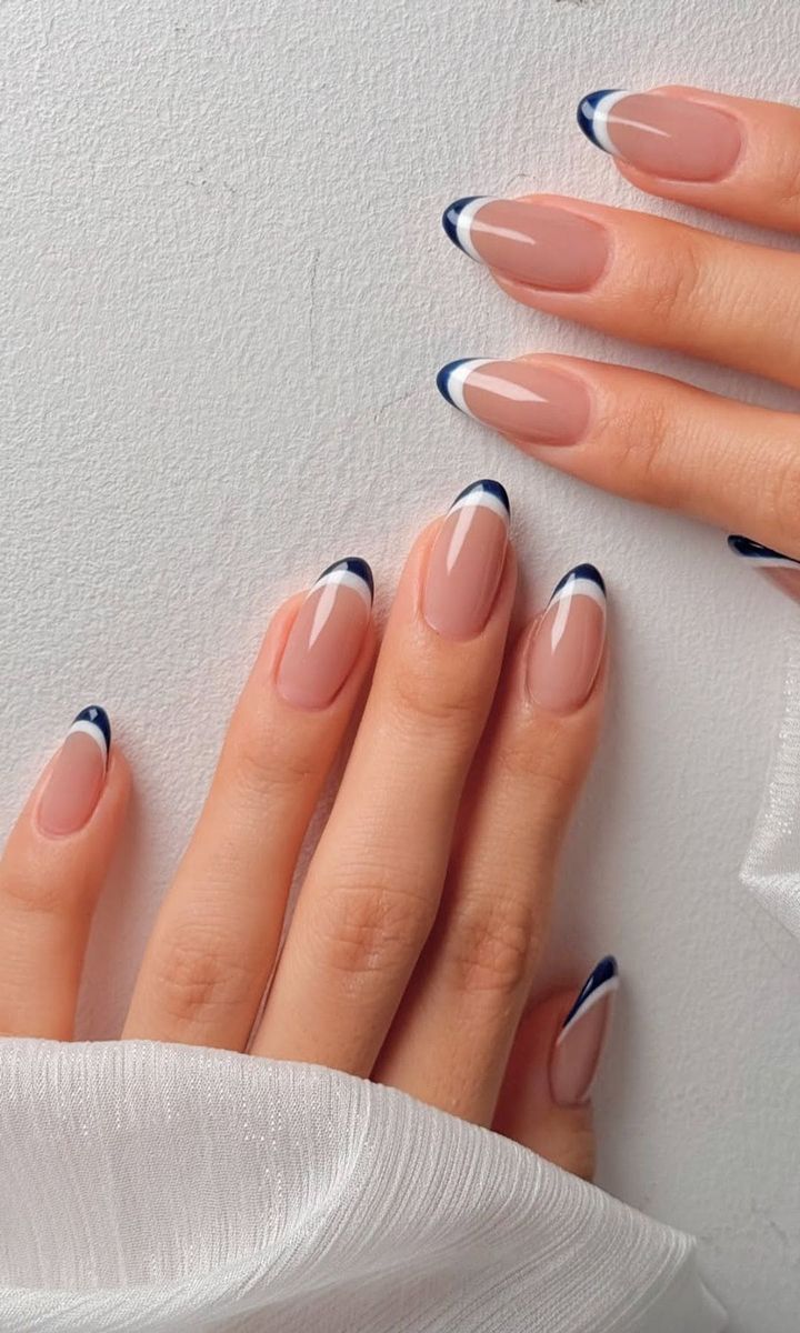 Thin Navy Blue French Almonds Thin Navy Blue French Almonds — French Nail Designs
