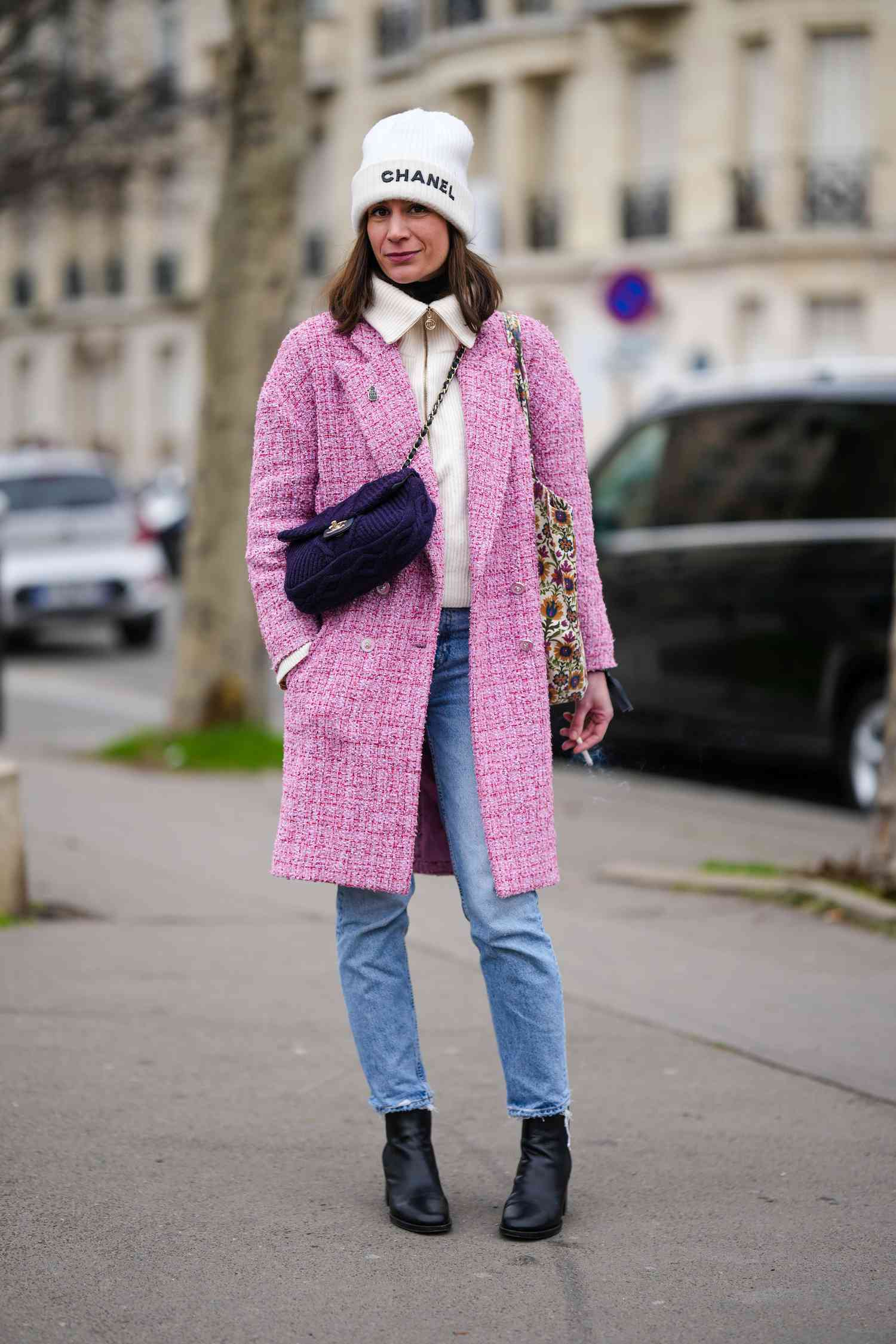 White Logo Beanie with Pink Tweed Coat and Two Bags — Beanie Outfits