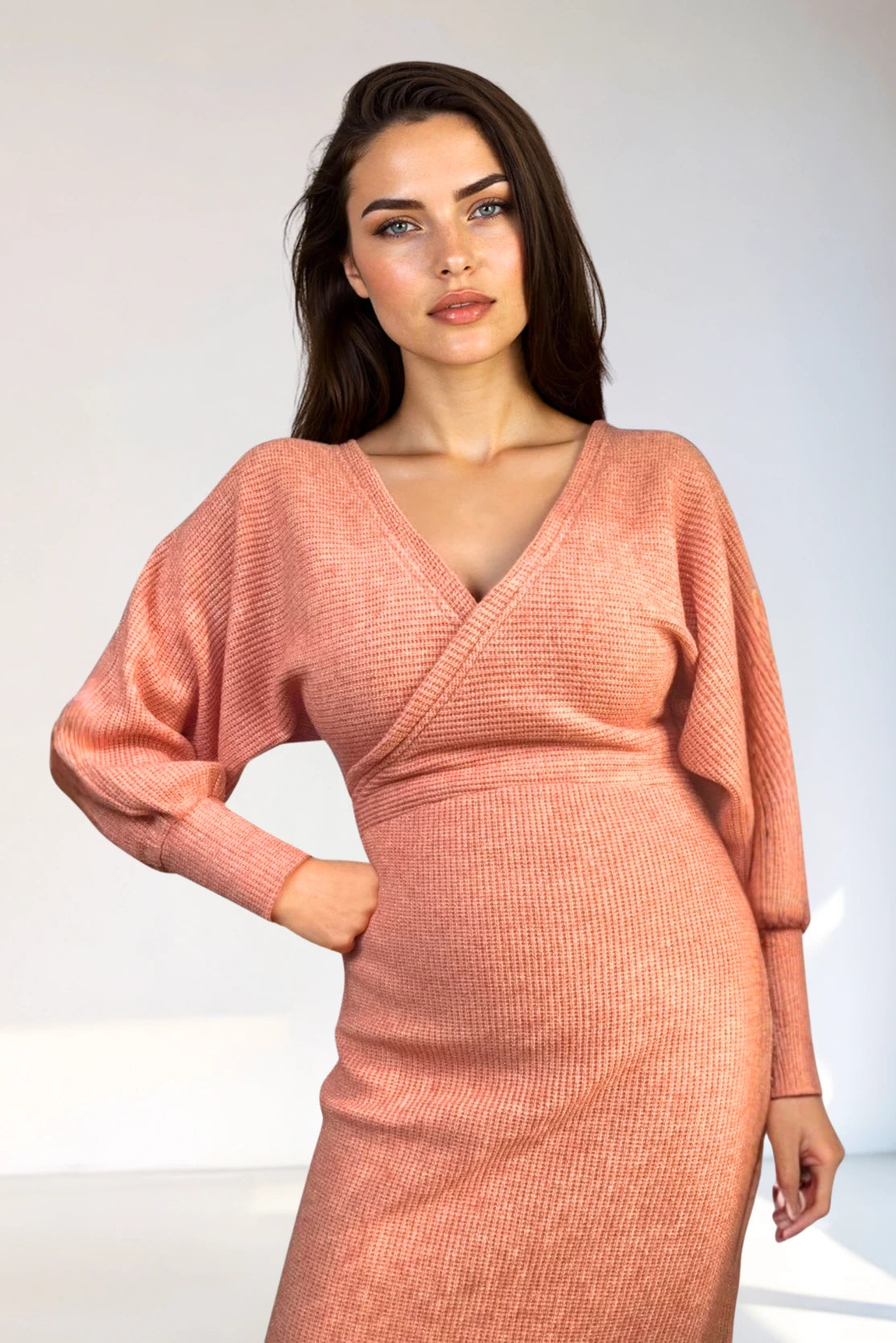 Peach Knit Wrap Dress with Dolman Sleeves and Black Boots Peach Knit Wrap Dress with Dolman Sleeves and Black Boots — Winter Maternity Outfits