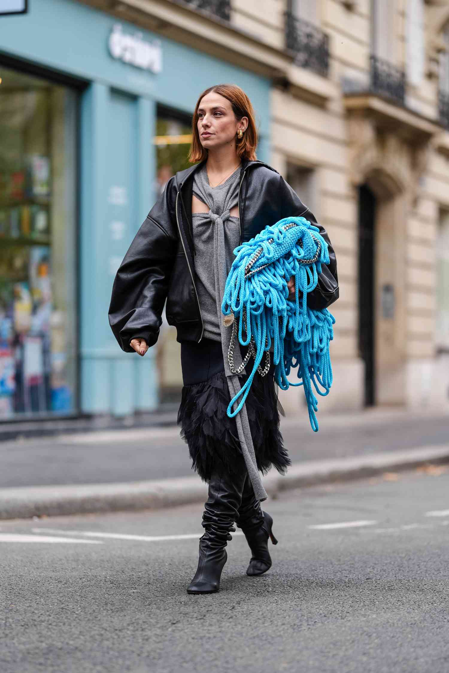 Black Leather Slouchy Boots with Feathered Skirt — Slouchy Boots Outfits