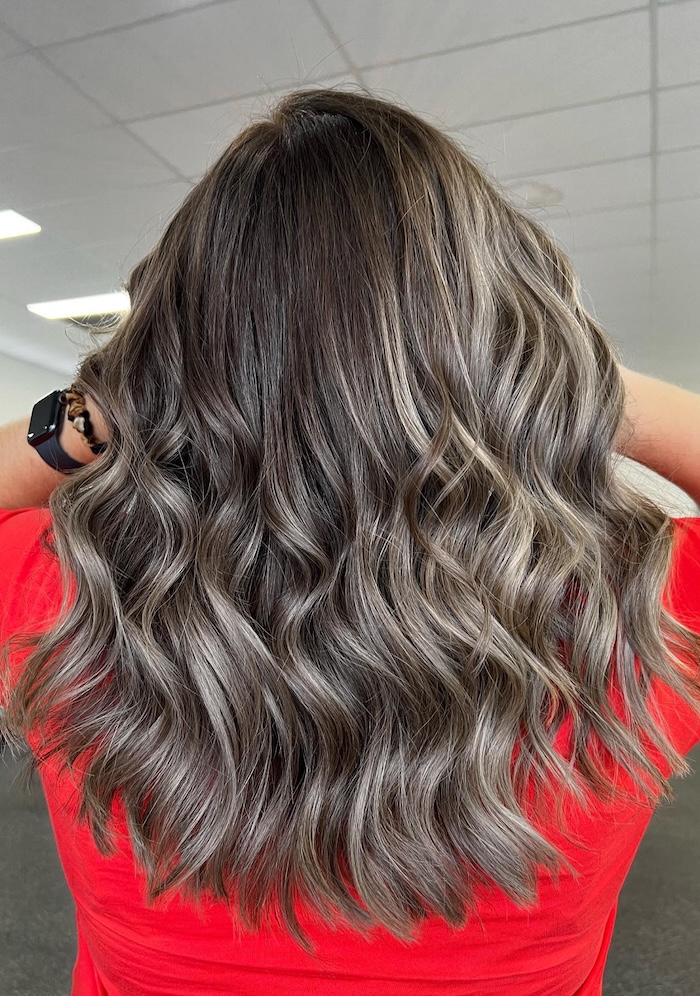 Textured Waves Mid-Back Steel Ash Brown With Blonde Balayage — Ash Brown Hair