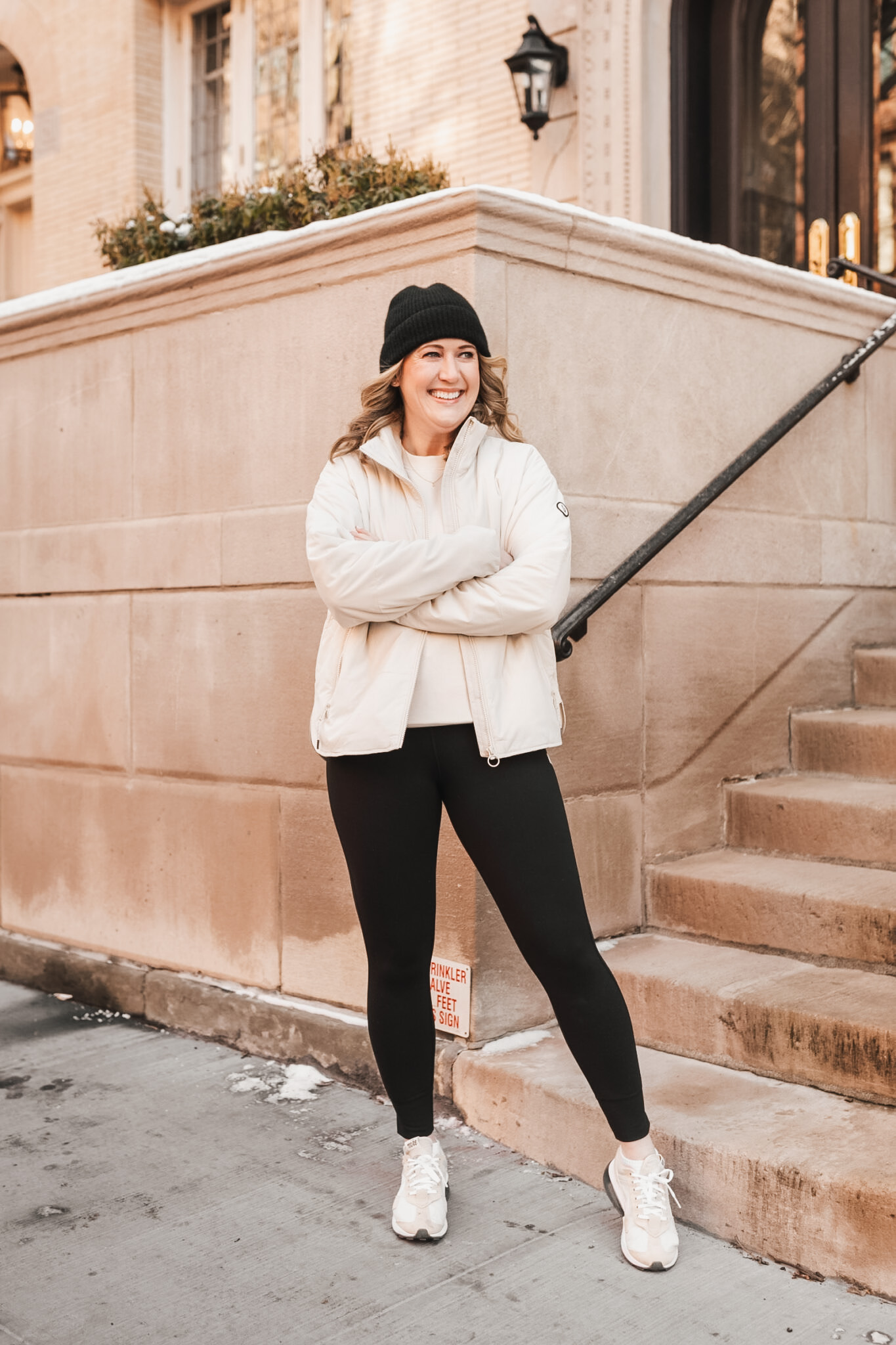 Cream Puffer Jacket and Black Leggings for a Comfortable Casual Winter Outfit Cream Puffer Jacket and Black Leggings for a Comfortable Casual Winter Outfit — December Outfits