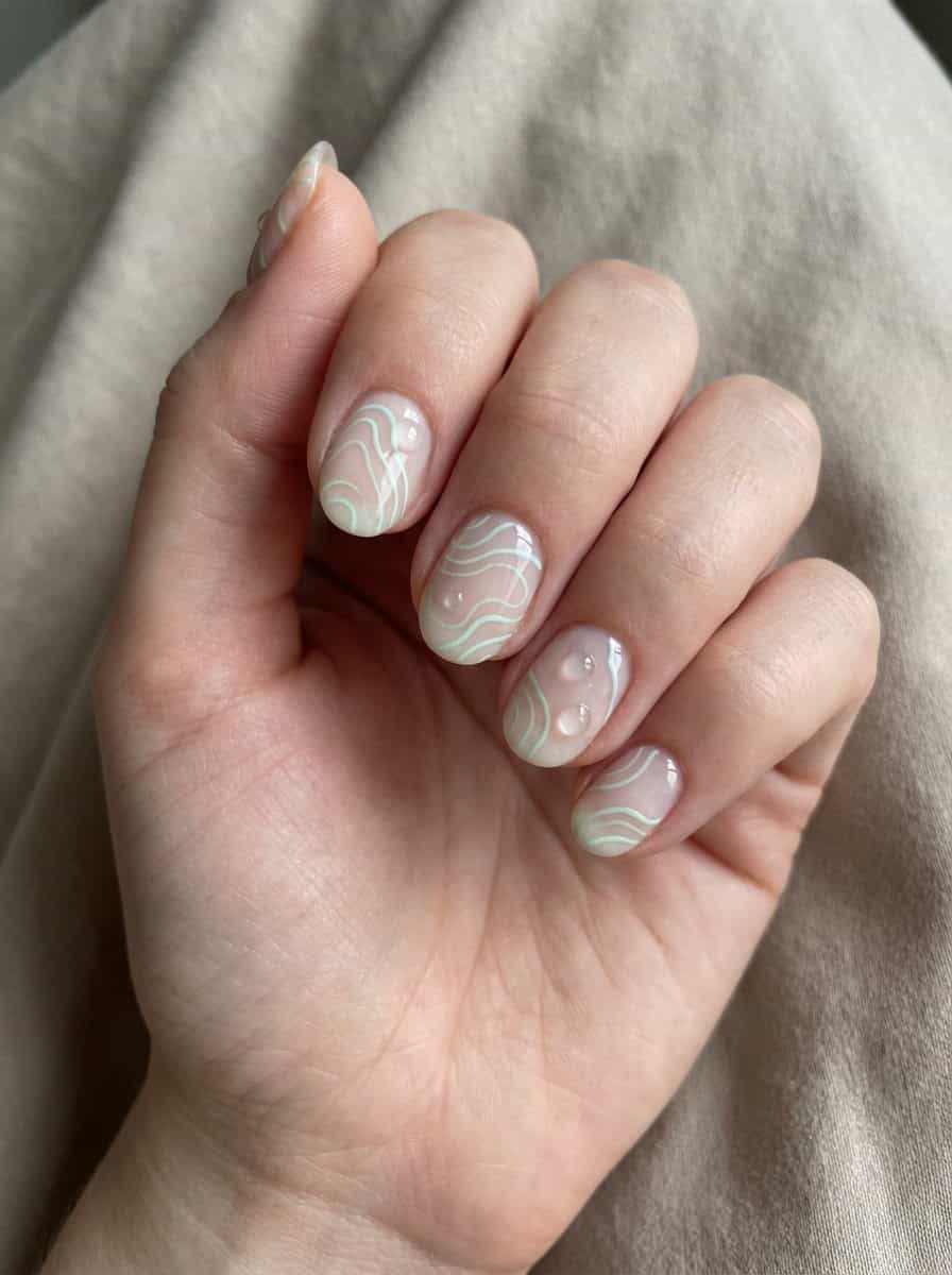 Nude Pale Green Wavy Line Water Droplet Nails Nude Pale Green Wavy Line Water Droplet Nails — Classy Simple Nail Designs