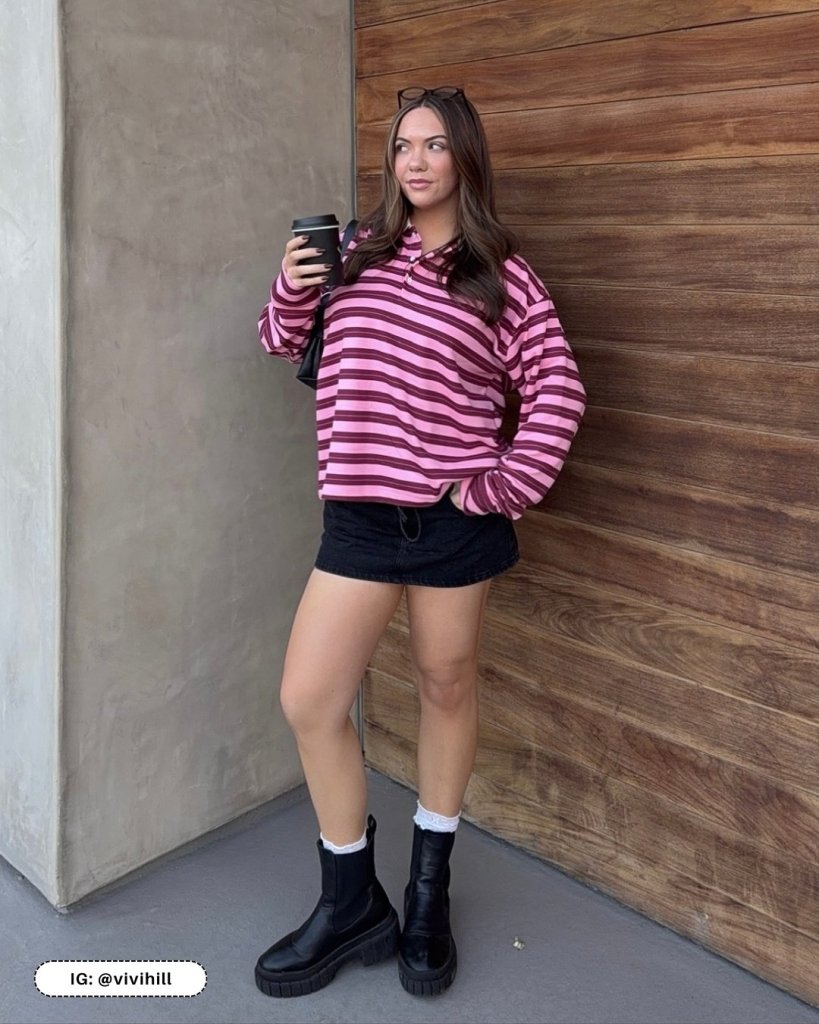 Striped Polo and Denim Mini Skirt with Chunky Boots Striped Polo and Denim Mini Skirt with Chunky Boots — Ankle Boots Outfits