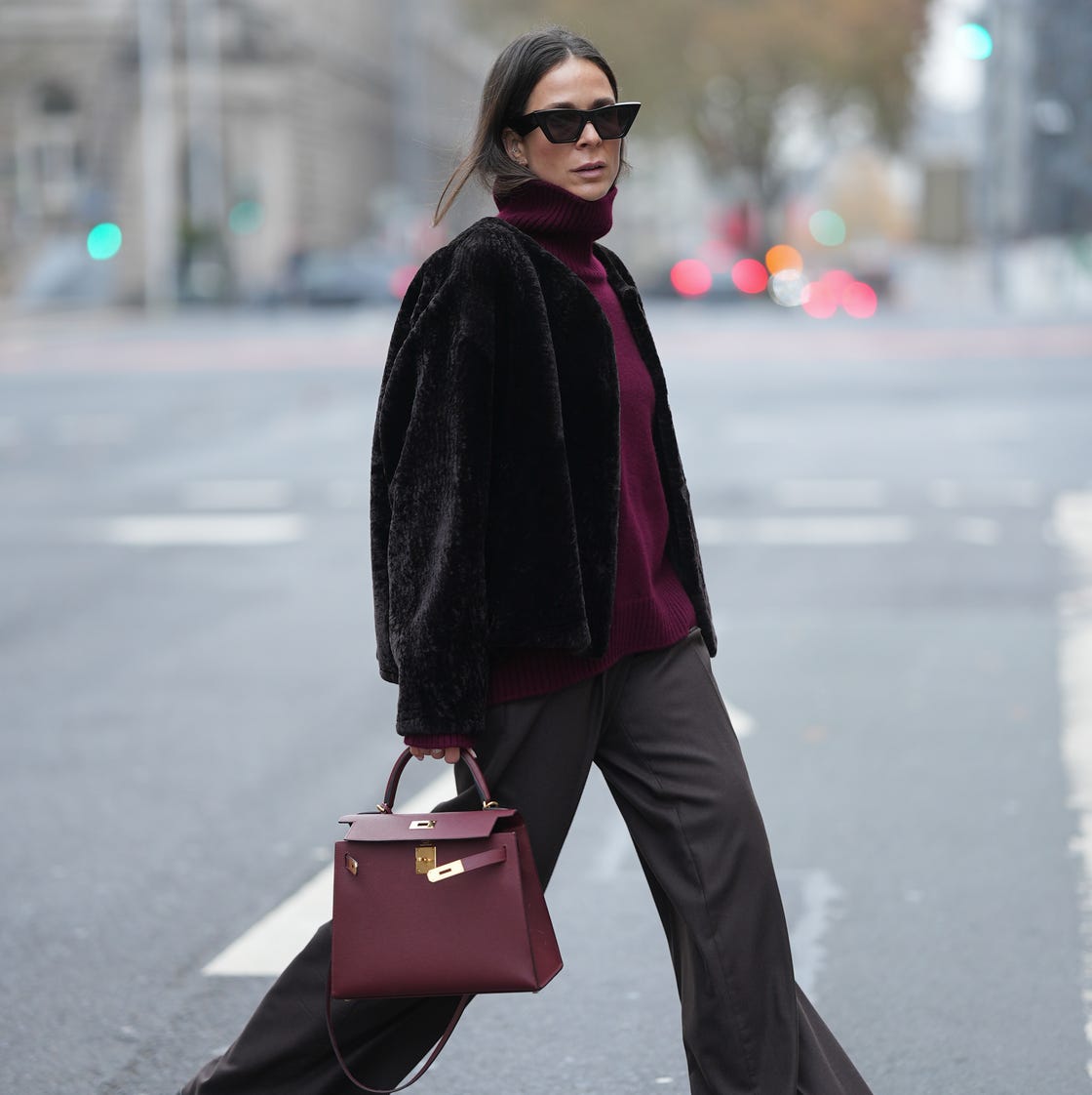 Black Faux Fur Jacket with Burgundy Turtleneck for an Evening Chic Look Black Faux Fur Jacket with Burgundy Turtleneck for an Evening Chic Look — December Outfits
