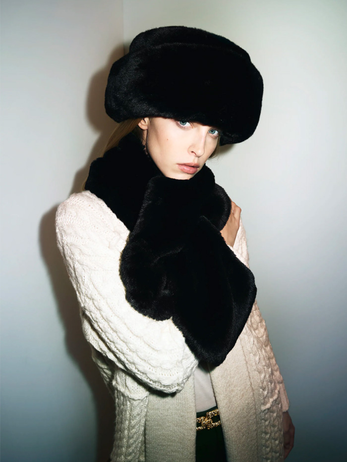 Black Fur Hat and Scarf with Cream Knit Cardigan — Fur Hat Outfits