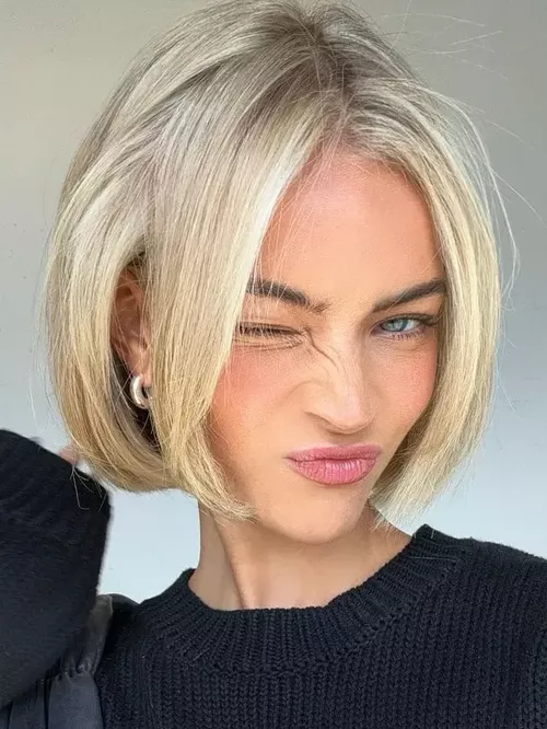 Blonde Blunt Bob with Silver Hoop Earring Blonde Blunt Bob with Silver Hoop Earring — Trendy Haircuts for Women