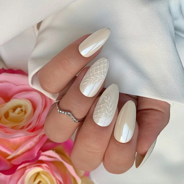 Lace Inspired Cream Almond Nails — Winter Wedding Nails