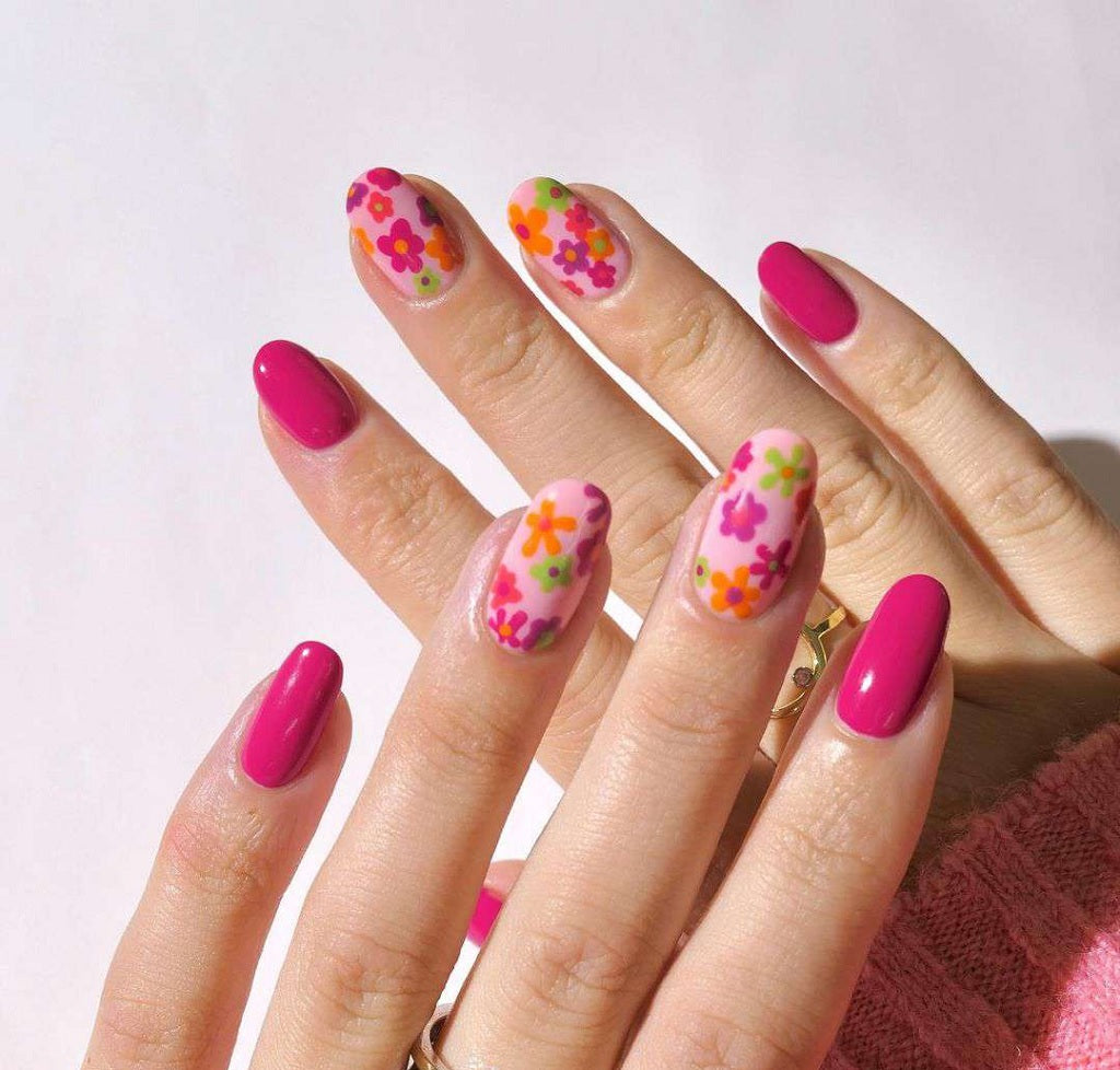 Medium Oval Bright Pink with Colorful Flowers — Easy Nail Designs