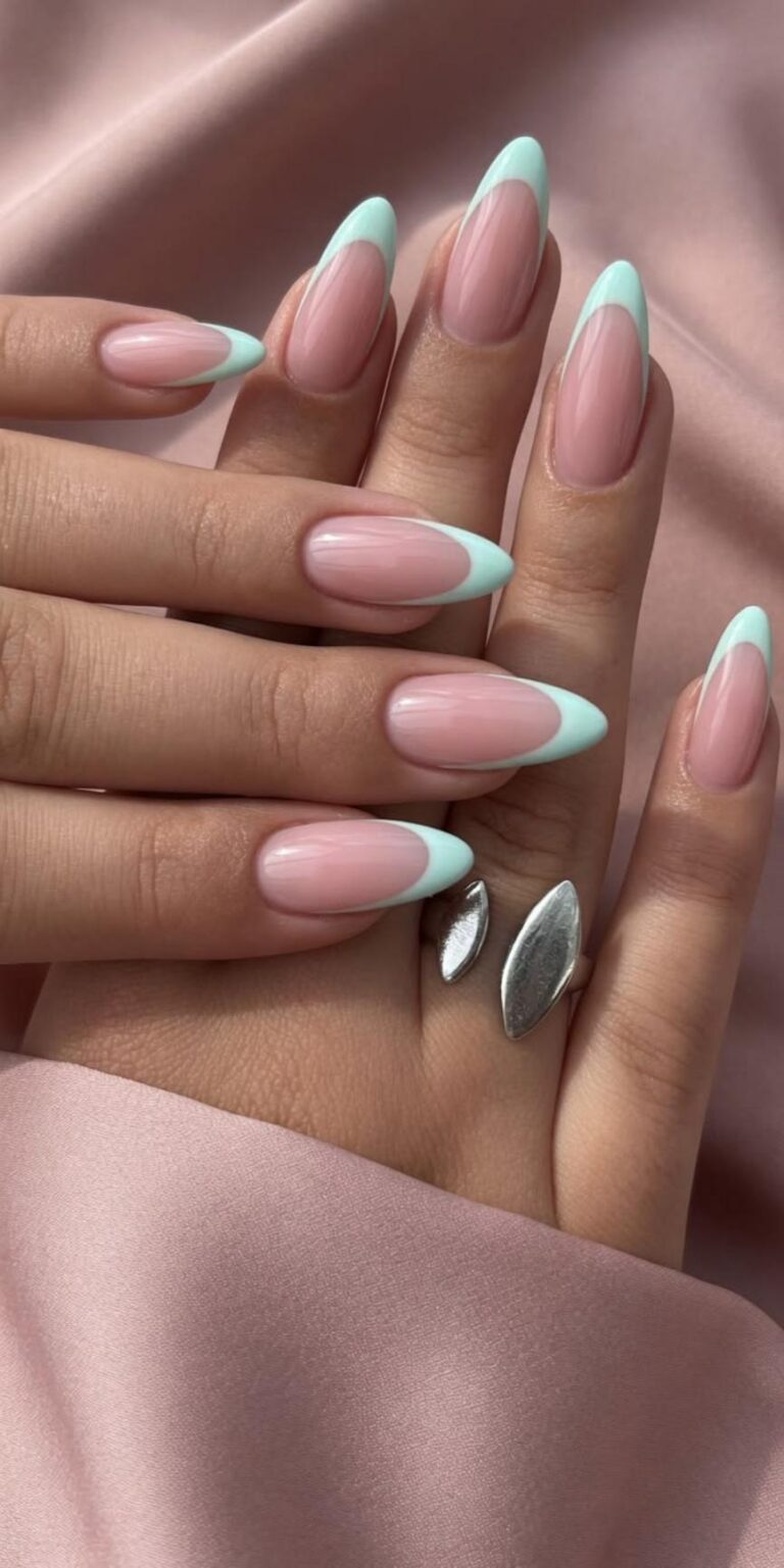 Medium Almond Pastel Blue French Tips Medium Almond Pastel Blue French Tips — Trendy Simple Nail Designs
