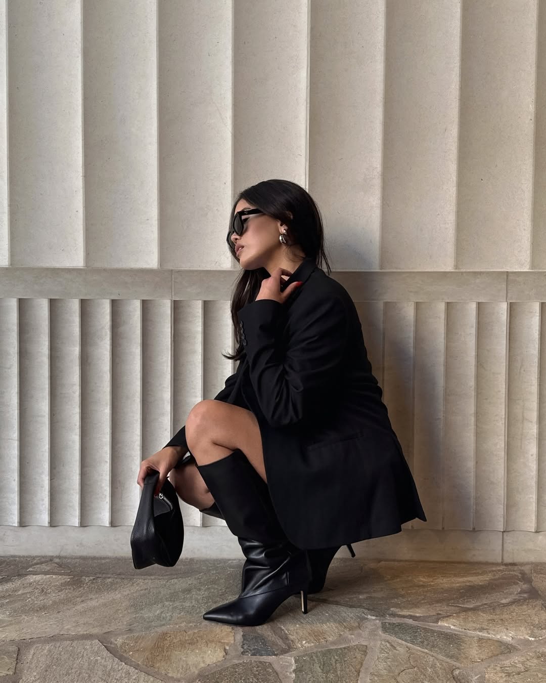 Black Leather Slouchy Boots with Oversized Blazer — Slouchy Boots Outfits
