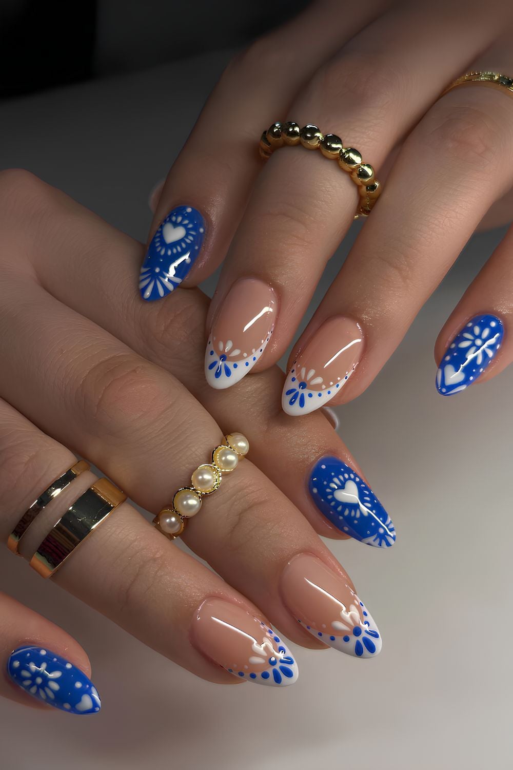 Medium Almond Folk Art French Tips — Blue Nail Inspo
