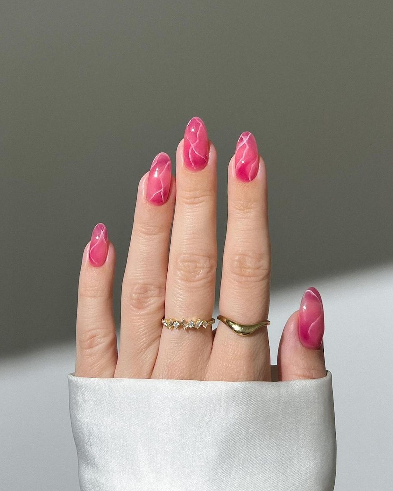 Bright Pink White Swirl Marble Nails Bright Pink White Swirl Marble Nails — Simple Nail Designs