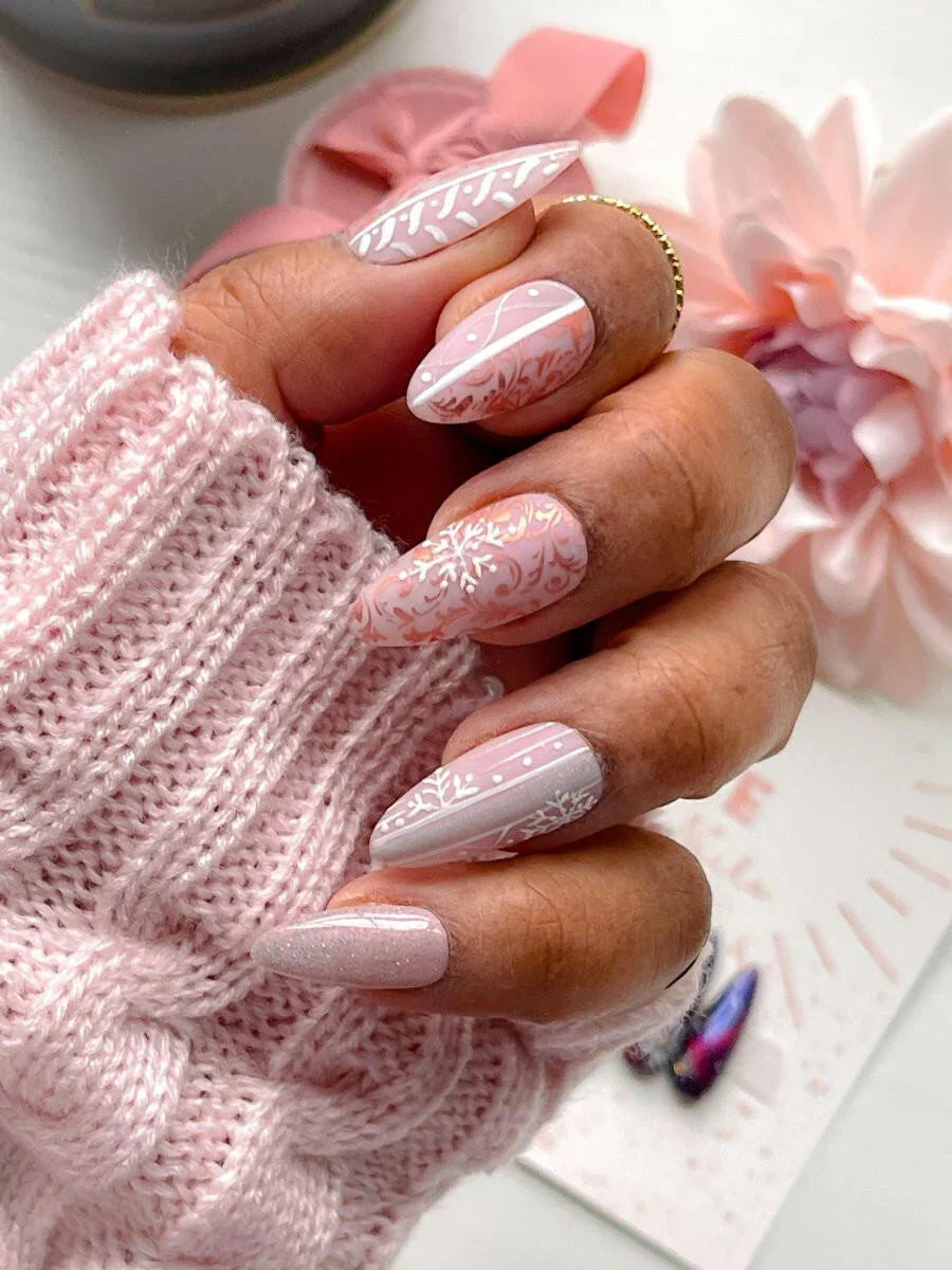 Pale Pink Winter Art Almond Nails — Winter Wedding Nails